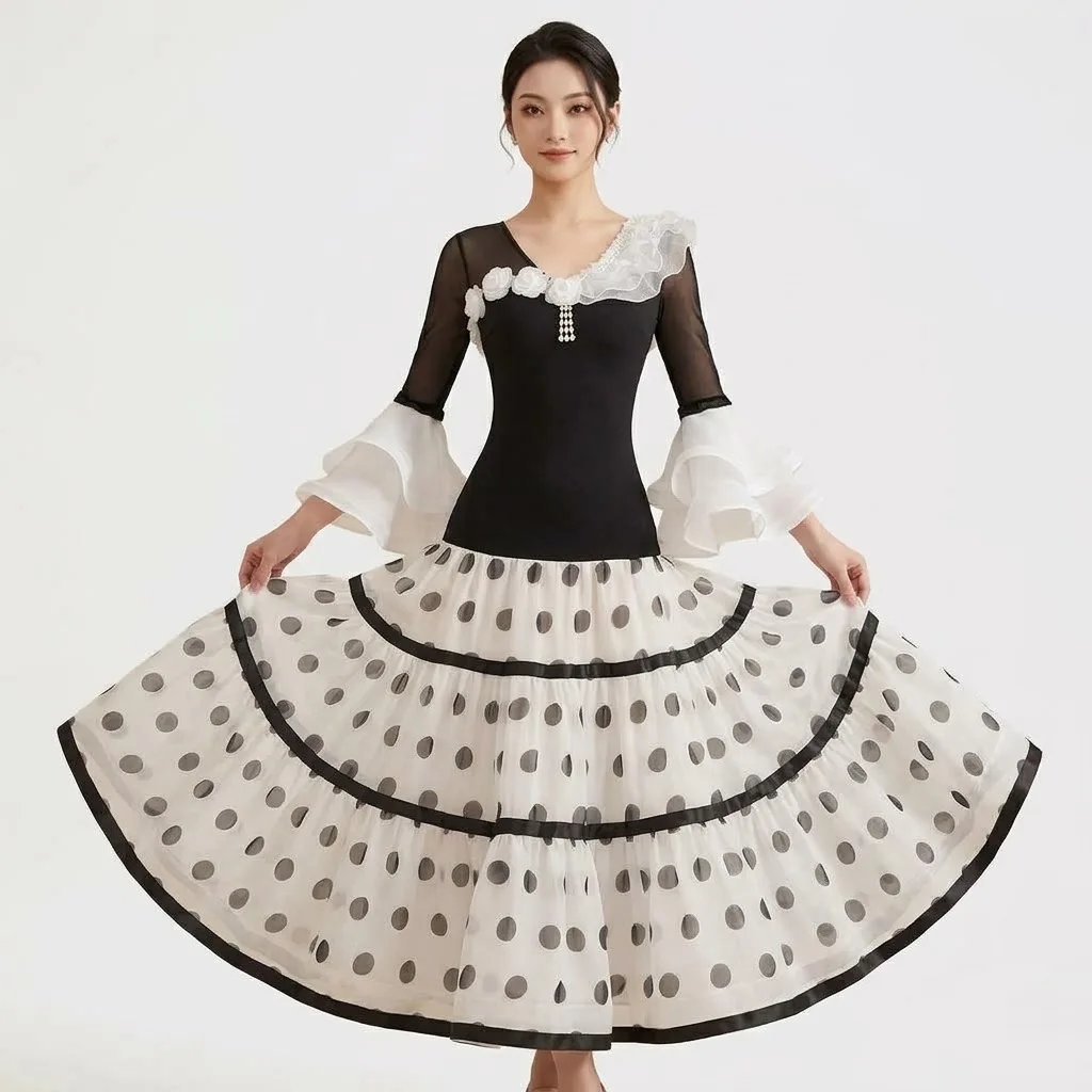 Women Contrast Color Polka Dot Ballroom Dance Dress Ruffled Flare Sleeve Modern Waltz Stage Performance Practice Wear