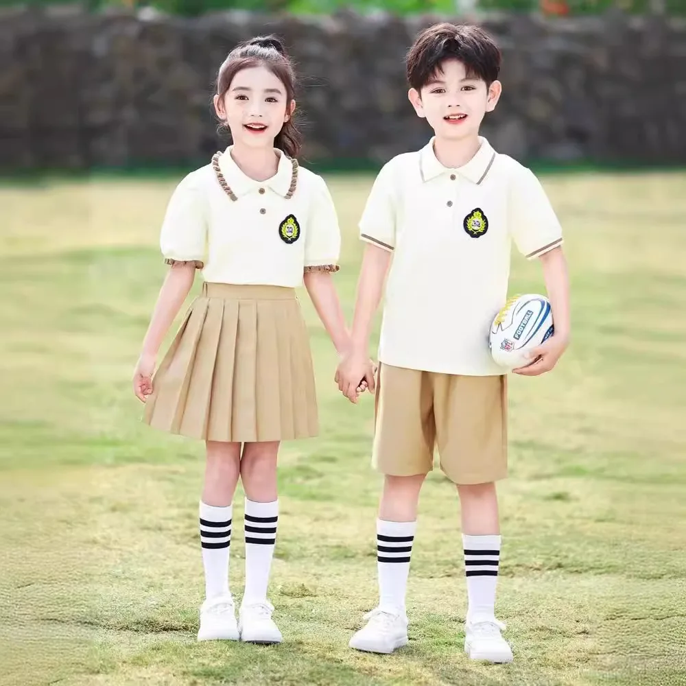 Kindergarten pupils performance dress new apricot short-sleeved boys and girls graduation British suit