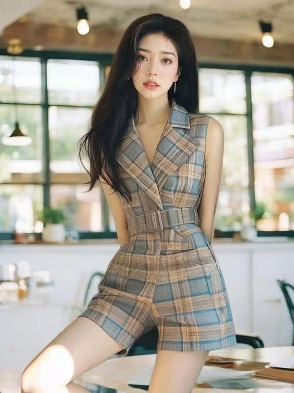 Été Plaid Svel Godd Sle Onesie trajet Faion taille haute ort pantalon femmes vêtements jambe droite pantalon