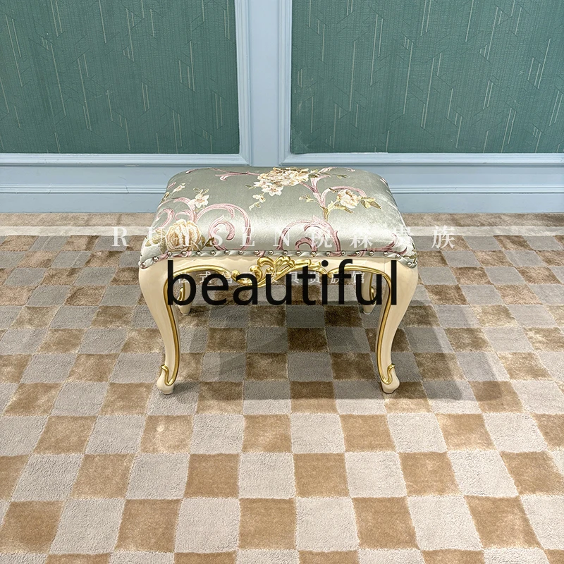 

French makeup stool fabric stool simple solid wood embroidery warm gray bedroom shoe changing stool