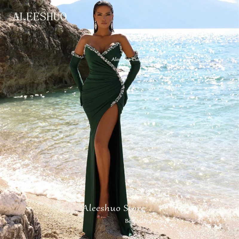 Aleeshuo Sexy V-Neck Prom Dresses Sleeveless High Side Slit Satin Party Dresses Mermaid Evening Dress Robe De Soirée 2023