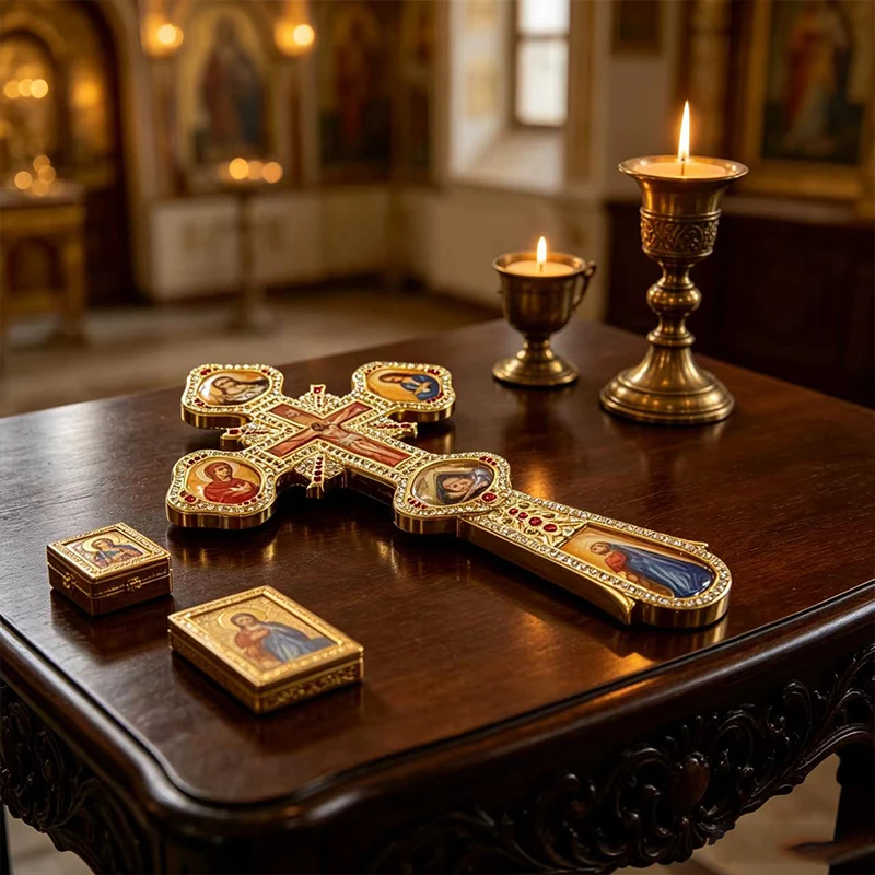 Neues Orthodoxes Golgatha-Handkreuz, Goldene Ikone, Jesus, Maria, Heilige, Rote Perlen, Kirchenliturgie, Segen, Byzantinisches Christliches Geschenk – Detail 4