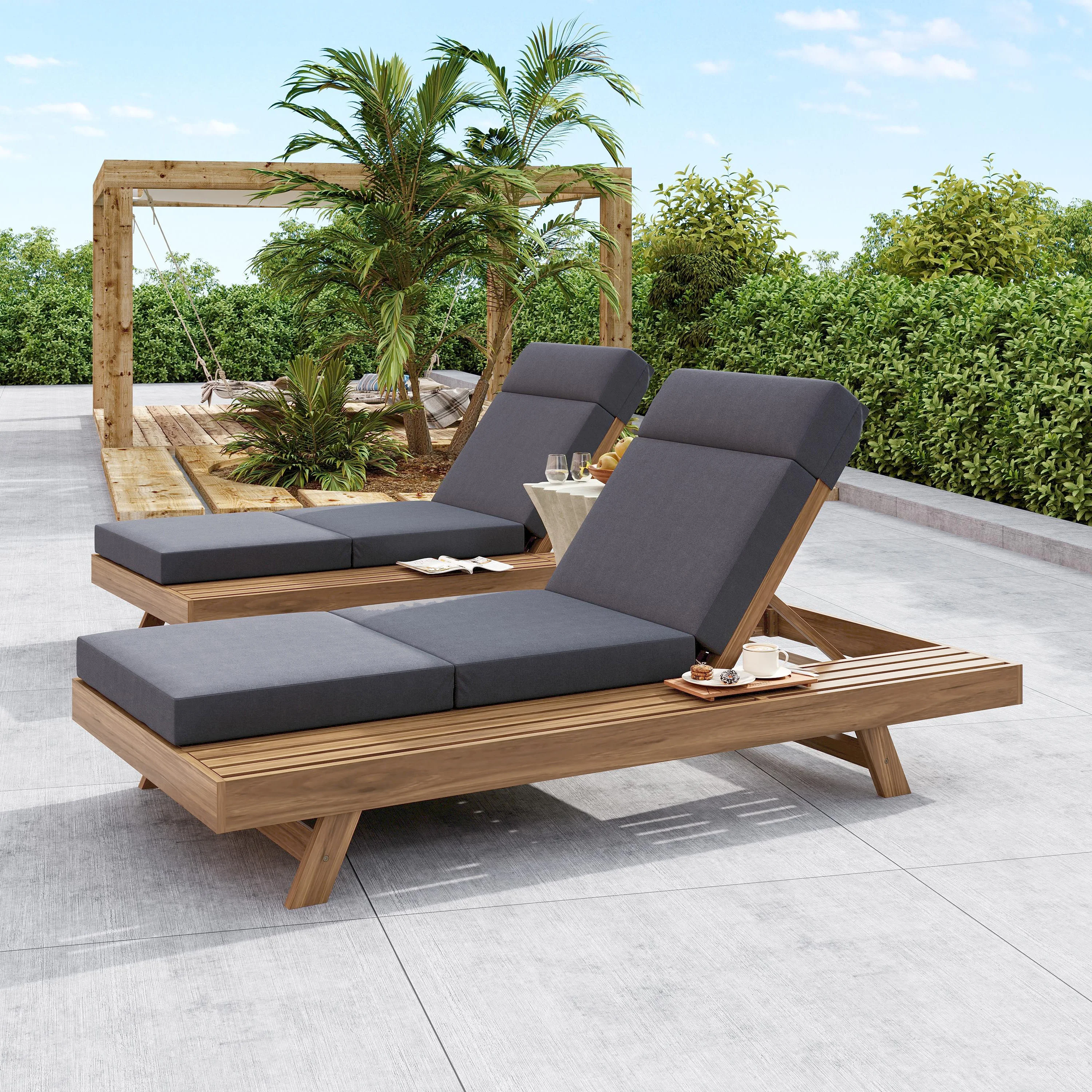 Acacia Wood Light Brown Water-Resistant Lounge Chaise Set with Dark Grey 3-Fold 4-Inch Cushions-Cream/Beige Version Available
