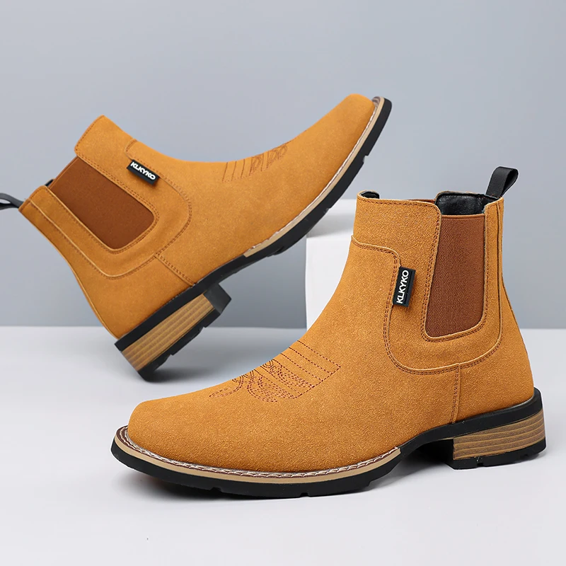 Men Western Cowboy Chelsea Ankle Boots Elastic Side Embroidery Short Boots Block Heel Non Slip Daily Casual Outdoor Boots