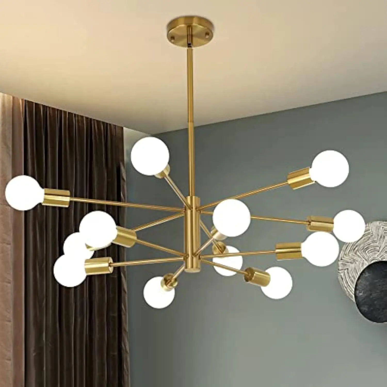

12-Light Modern Sputnik Chandelier, Mid Century Gold Ceiling Chandeliers, E26 Base, Branch Height Adjustable Pendant Lighting F