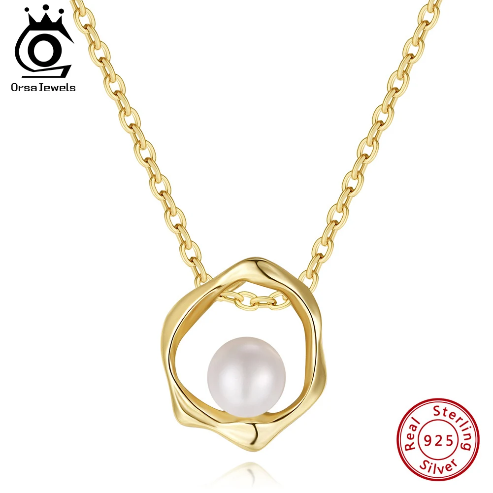 

ORSA JEWELS 14K Gold Plated Simple Pearl Pendant Necklace Fashion 925 Sterling Silver Freshwater Pearl Choker Chain Female GPN44