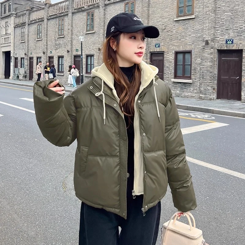 Giacca da pane in finta pelle PU in due pezzi, Parka corta da donna in cotone spesso antivento Cappotto invernale con cappuccio coreano w1676