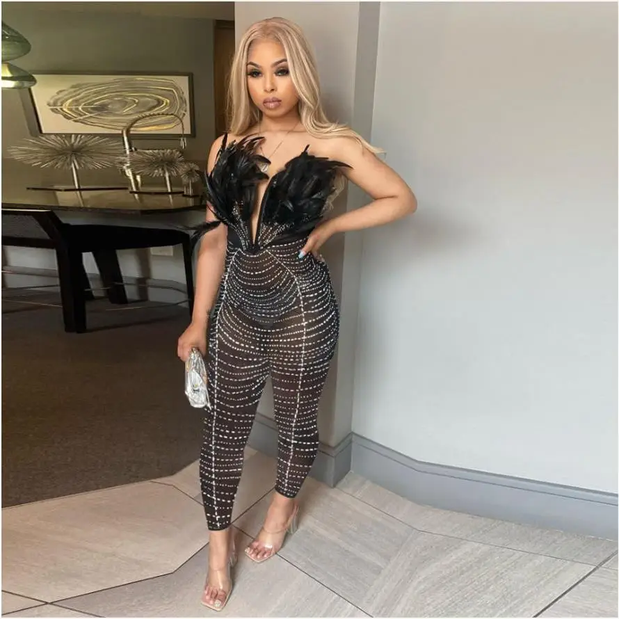 

Сексуальный комбинезон с перьями, с высокой талией, длинными брюками, для уличной моды, с эффектом обертывания на груди, с блестящими стразами