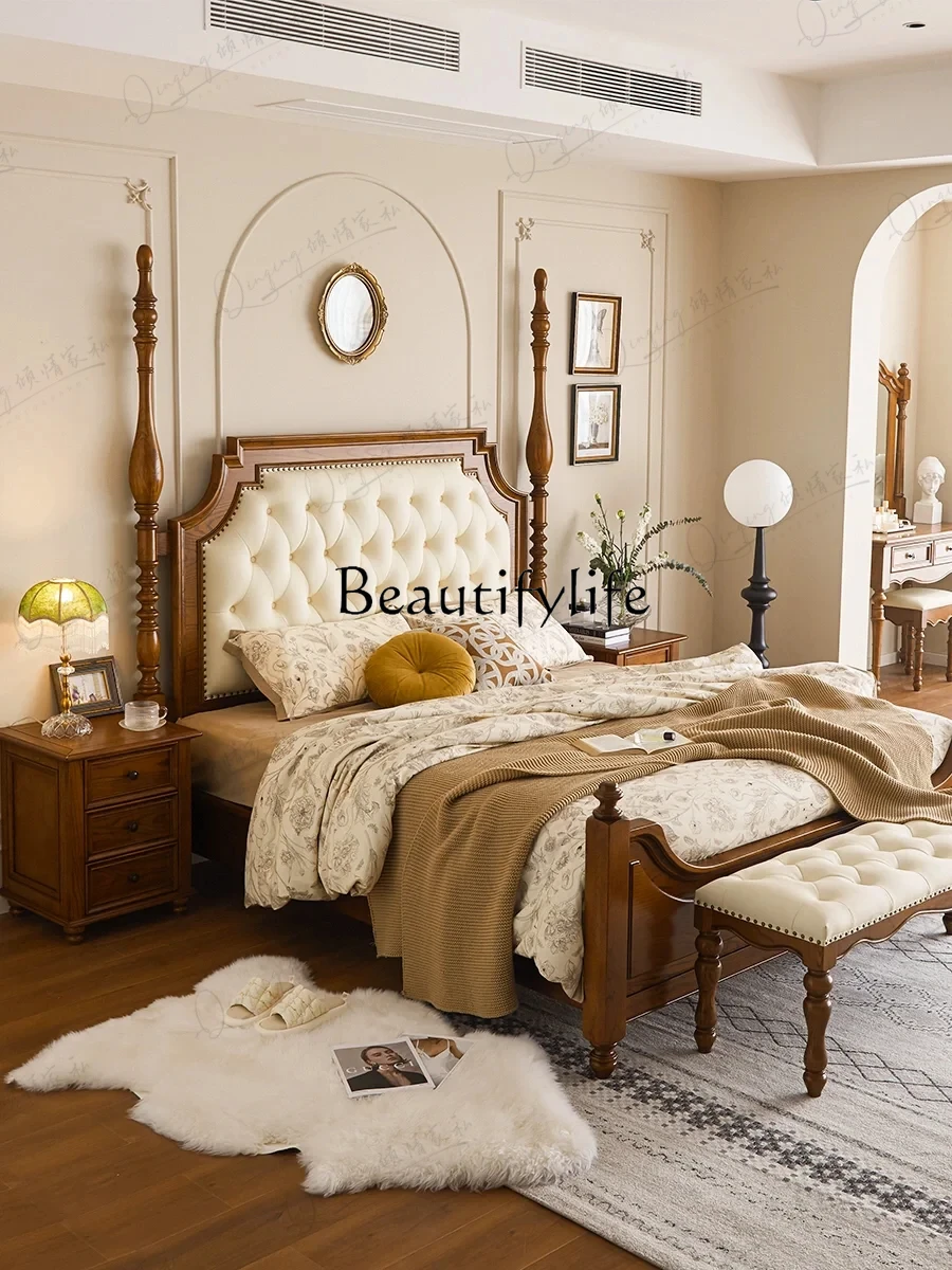 American Retro Solid Wood Bed Double Bed Master Bedroom Roman Column Bed