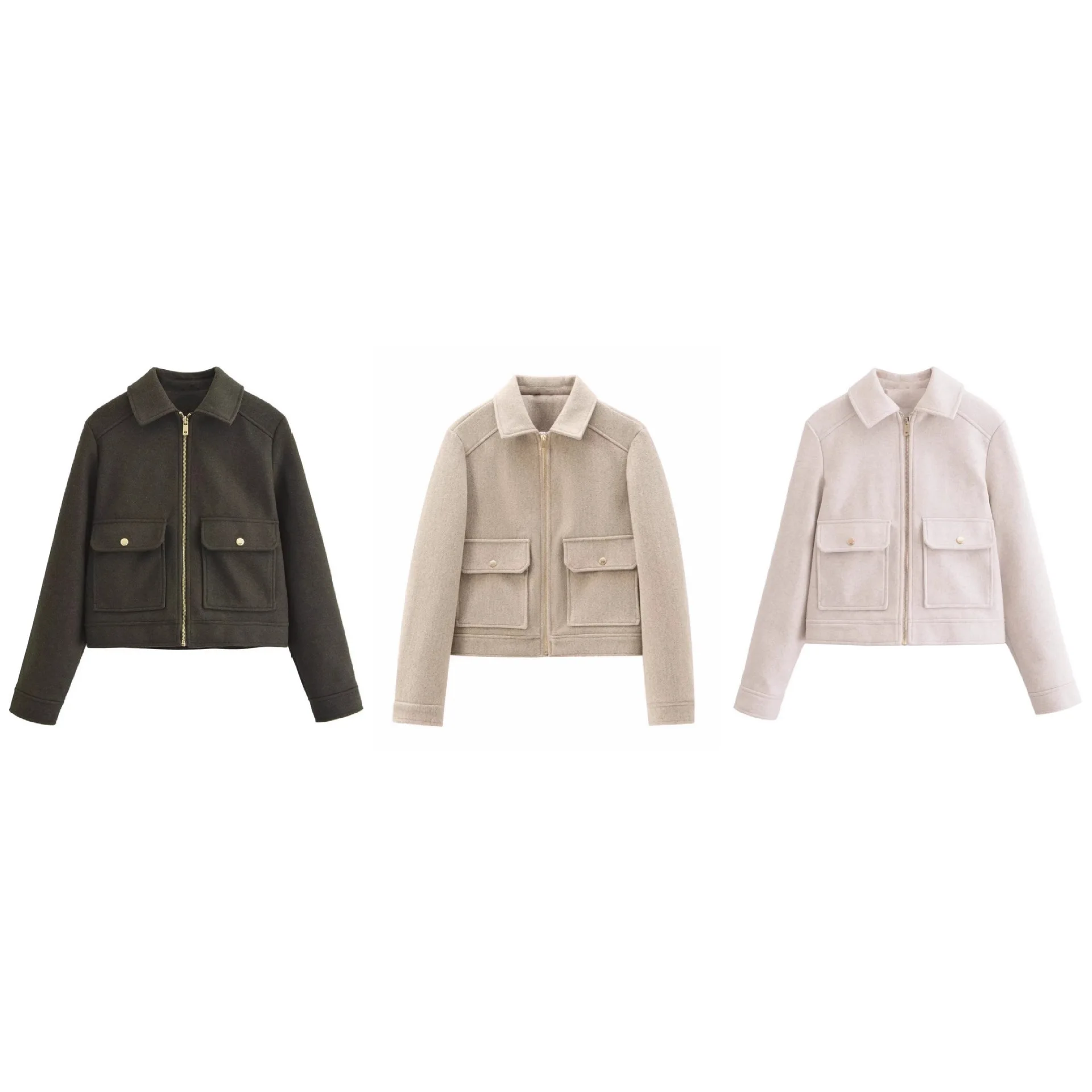 

KIDCRKJ spring women woollen jacket lapel color zipper fly big pockets female bomber coat Instagram-Style stylish lady ooutwear