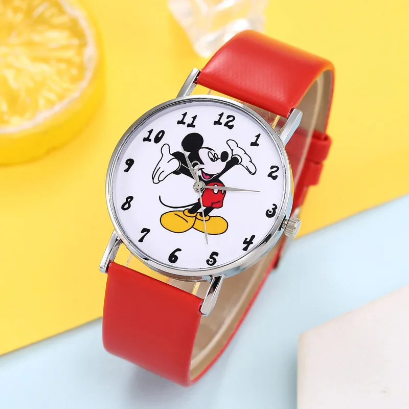 High Quality cartoon Disney Mickey Boys and girls kids Leather Quartz wrist watch+Bracelet Couple students Watch Bracelet gifts