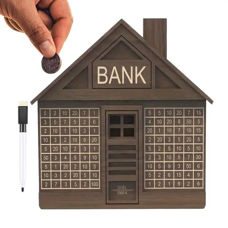 

Wooden Money Box With Counter House Shape Savings Box For Kids And Adults 1000 Or 2000 Euros Coin Bank Money With Marker Pen