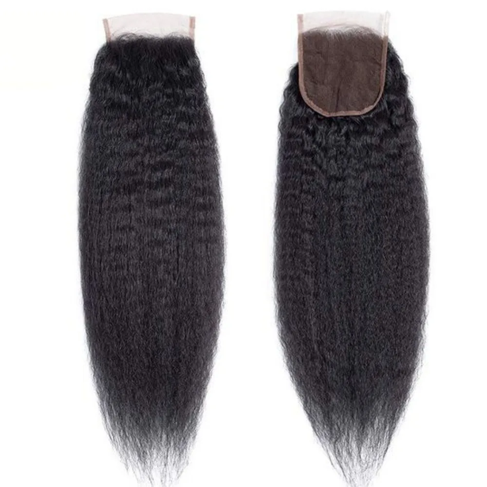 Natürliche Farbe, 4x4-Spitzenverschluss, krauses, glattes Echthaar, transparente Spitze, brasilianisches, unbehandeltes Remy-Haar, vollständig von Hand gefertigt, 150 % Dichte. – Detail 6