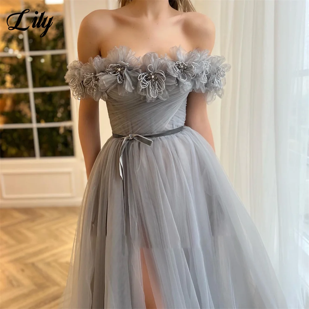 Robes de RhA-ligne en tulle gris lys, hors des fleurs 3D faites à la main, fente haute, soirée maxi, quelle que soit la robe rigourformelle initiée