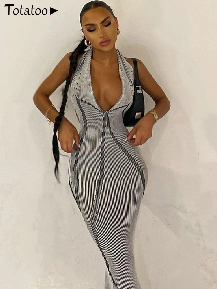 Totatoop Striped Print Backless Halter Summer Dress For Women 2024 Summer Sleeveless Deep V Neck Bodycon Maxi Dress Clubwear