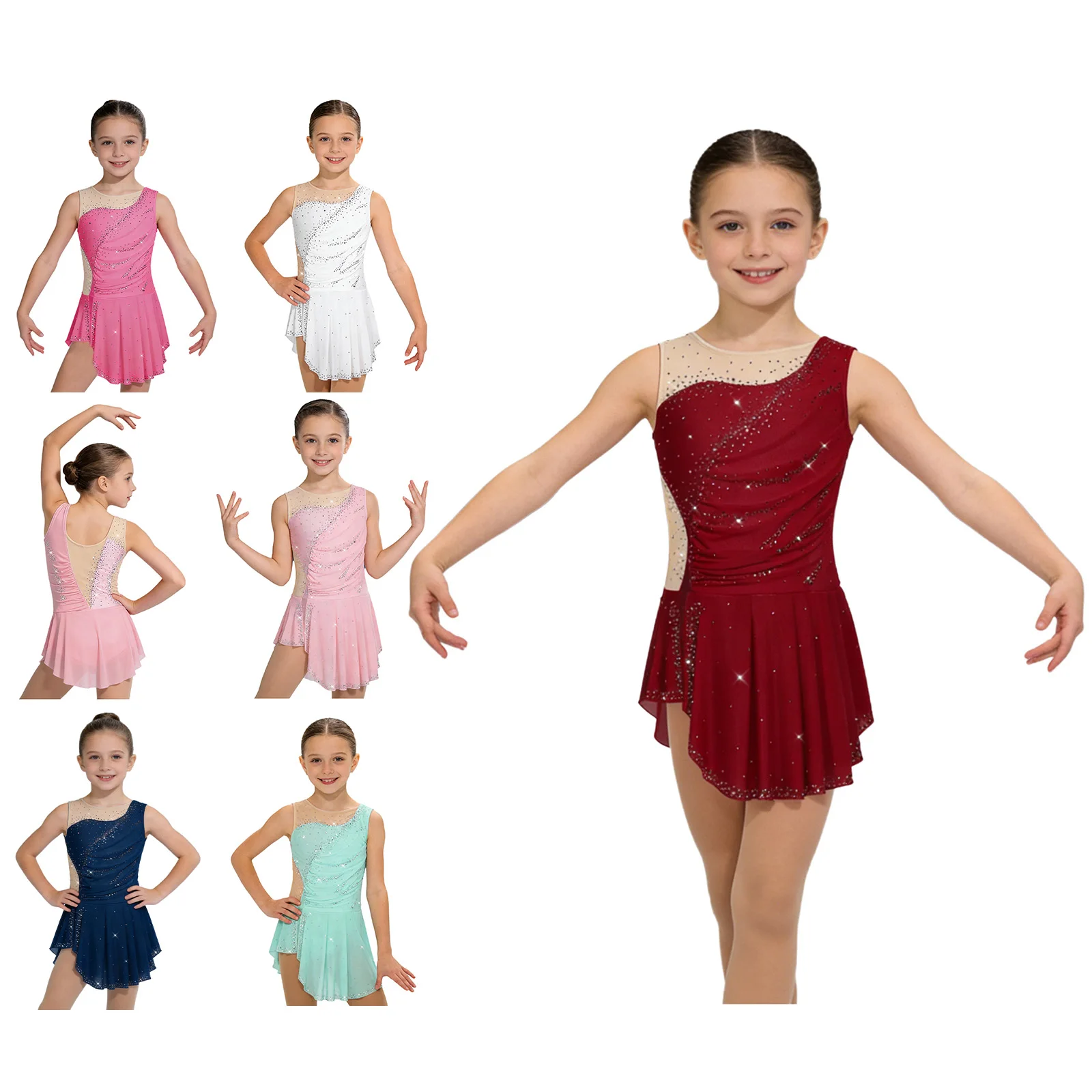 Kids Girls Figure Ice Skating Dance Costume Sleeveless Shiny Rhinestones Mesh Dress Leotard Ballet Rhythmic Gymnastics Dancewear - view 5