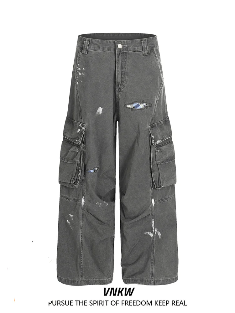 

Повседневные широкие брюки Cleanfit для мужчин и женщин, свободные прямые брюки, длинные повседневные брюки с эффектом потертости, молнией и принтом в стиле Splashed Ink, утилитарные.