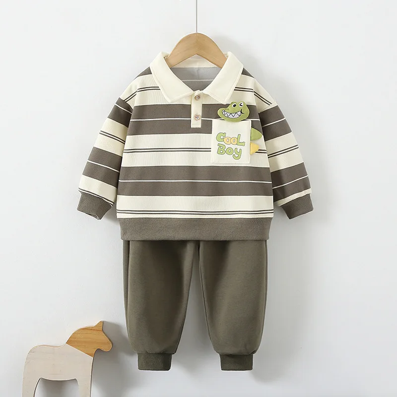 Autumn Baby Boys 2PCS Clothes Set Cotton Striped Cartoon Dinosaurs Pullovers Solid Loose Pants Suit Toddler Boys Outfits