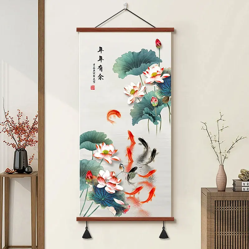 Chinese Lotus Koi Fish Wall Decor Aesthetic Room Decor Scroll for Home Entrance Yoga Studio Tea Room Wealth Symbol