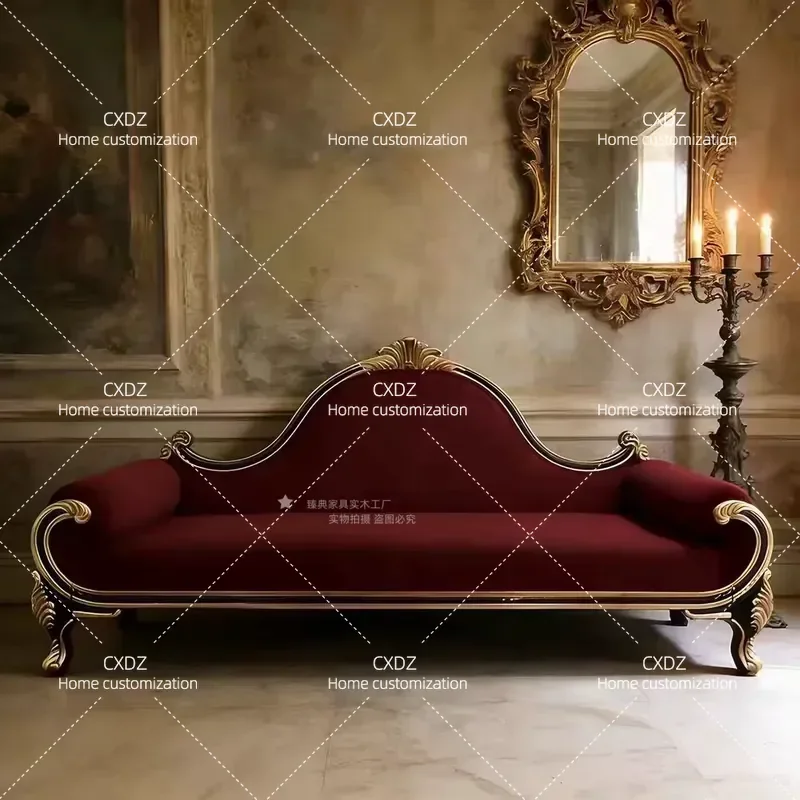 French Retro Burgundy Velvet Recliner Chair with Gold Carved Wood Frame Light Luxury Living Room Accent Chair European Style