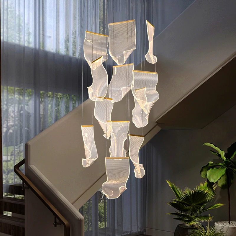 

Lotus Leaf Ladder Chandelier,Stair chandelier，Living Room,Hotel, Creative LED Lamp， Remote Control Remote dimming lamp