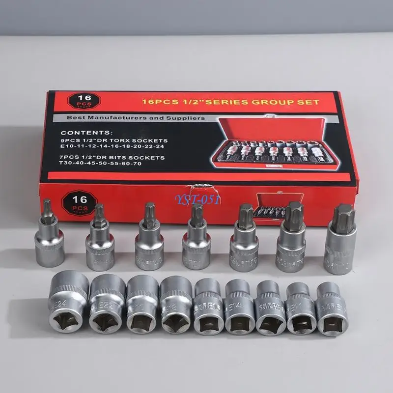 E15A Socket Set, 16Pcs 1/2Inch Wrench Set, Ratchet Wrenches Set with Storage Case for Automotive Repair & Home Use