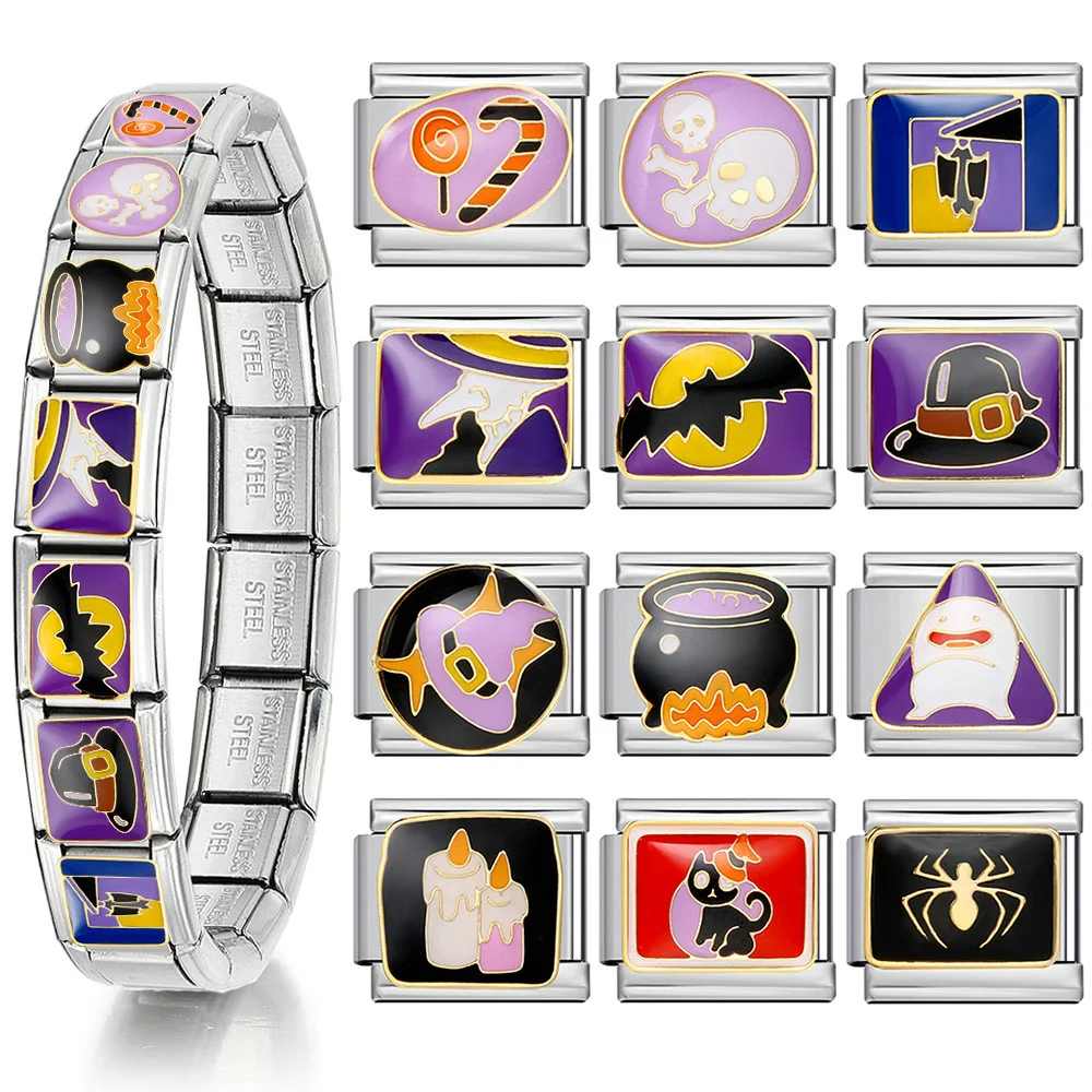 Y2K Purple Halloween Italian Charm Bracelet Stainless Steel Goth Wizard Bat Pumpkin Ghost DIY Making Fashion Jewelry Accessories