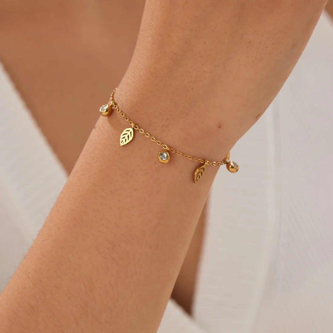 LAMENGLY 316L Stainless Steel Zircon Inlay Beads Hollowed Out Leaves Series Bracelet Women Fresh Trend Waterproof Jewelry Gifts