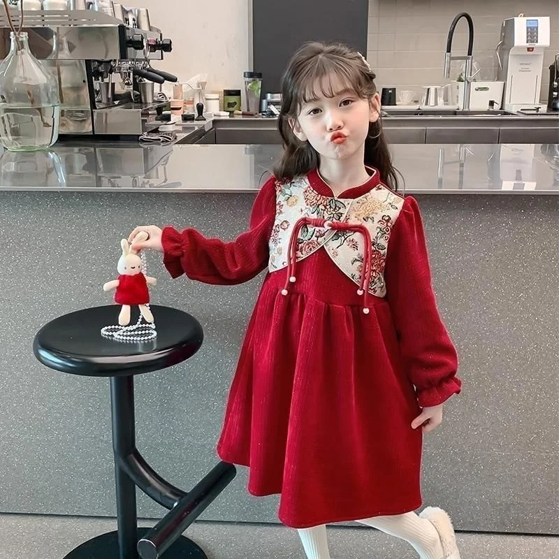 

Girls' Dress2024Autumn and Winter New Children's Chinese Style Red Cheongsam Dress Little Girl Court Style Princess Dress