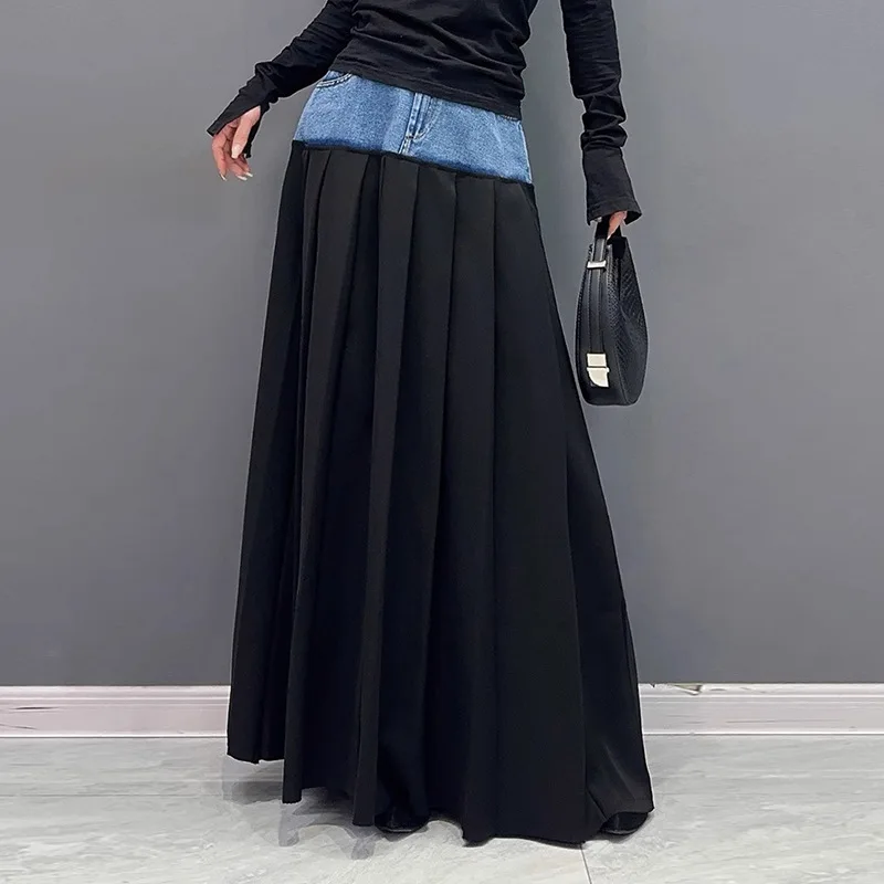 HKSH Spring Autumn New Women Skirt Denim Patchwork Pleated Color Block A-Line Elegant Fashion Retro Trendy Casual Skirts HK16646