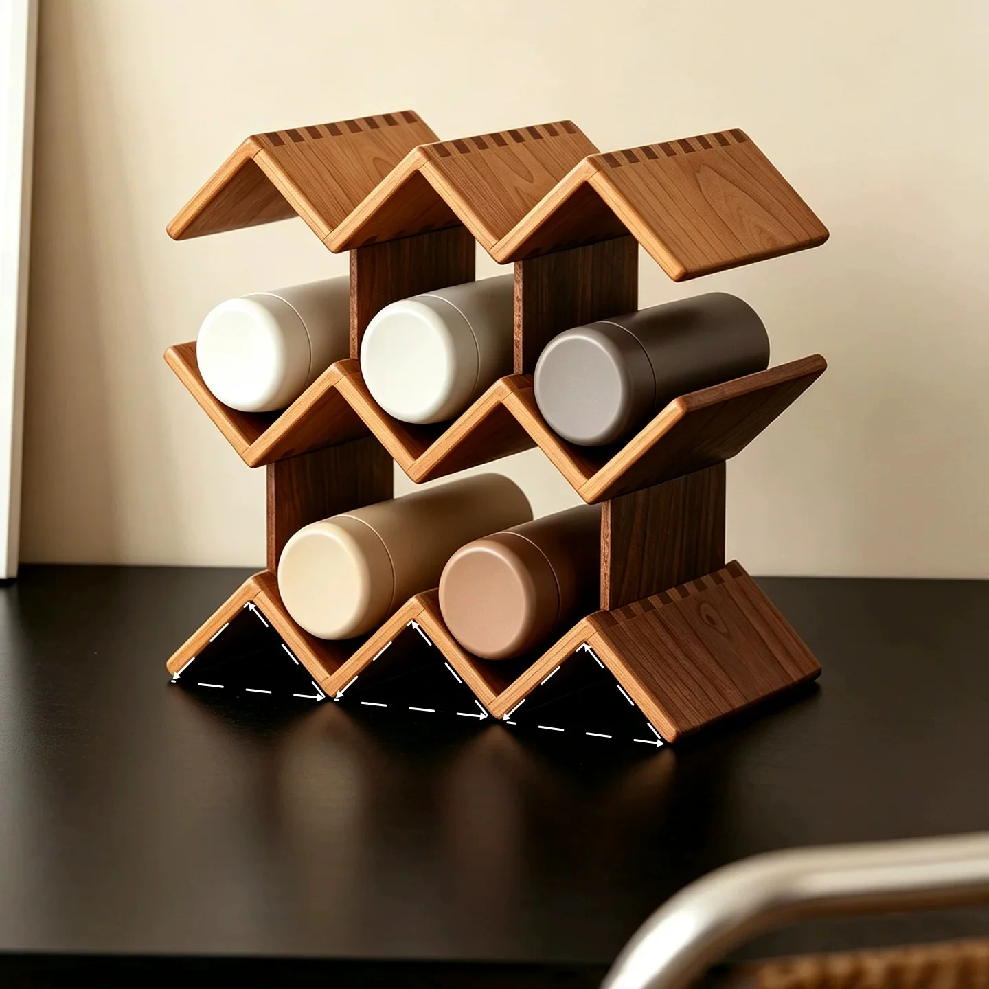 7-Slot Wine Bottle & Glass Storage Rack – Walnut & Cherry Wood Sideboard Organizer, Kitchen Counter Shelf for Cups & Wine