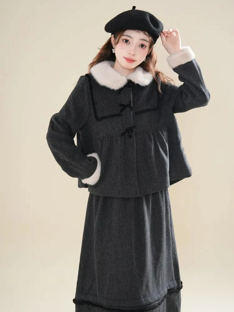 Skirt Suit Woolen Coat Lapel Padded Jacket +A-Line Skirt Winter New High-End Full Set LooseFit Women'S Two-Piece Set