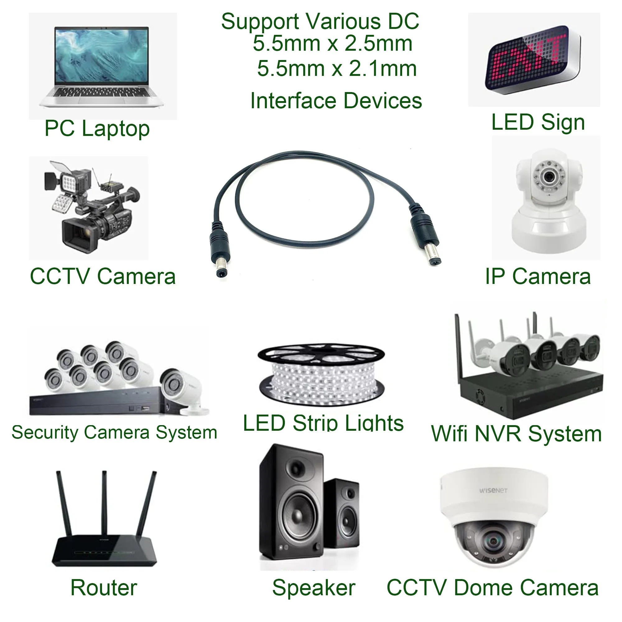 2pcs DC Power 5.5mm x 2.1mm Male To 5.5 x 2.5mm Male Adapter Cable LED Strip Surveillance Camera CCTV IP Camera DVR Router 22AWG