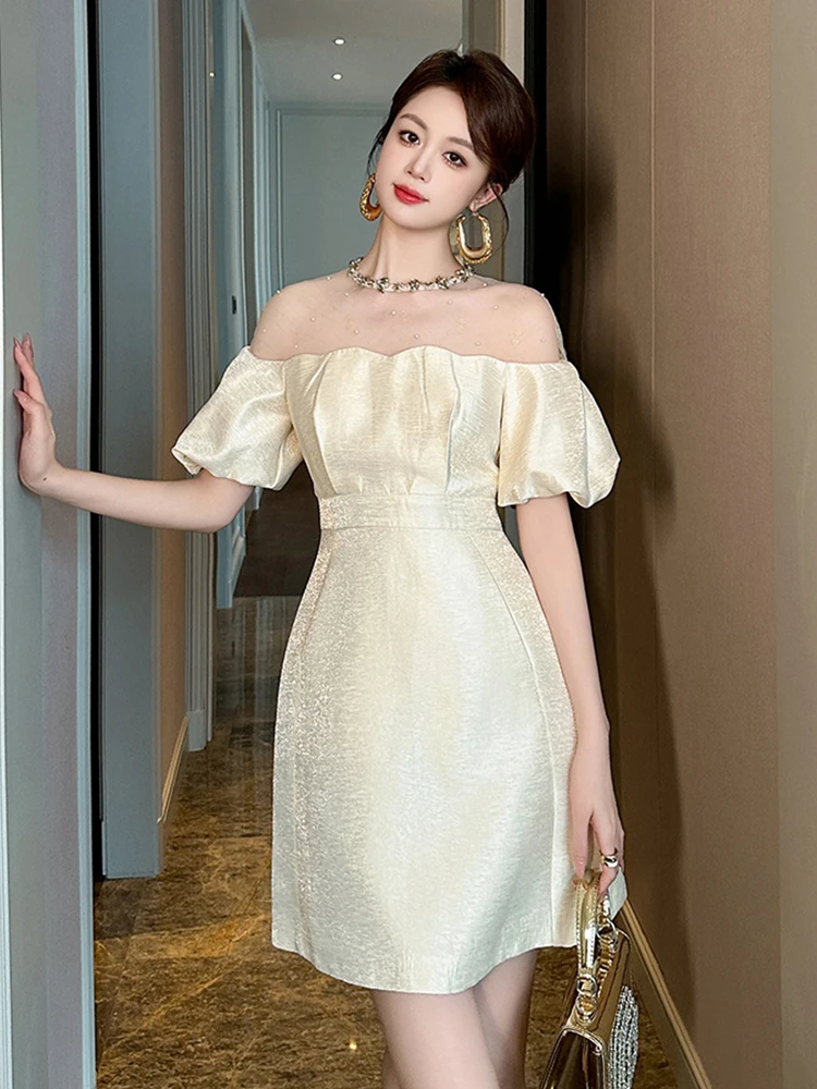 Summer Elegant Luxury Gown Evening Dress Women Clothes Mesh Splic Sheer Sexy Puff Sleeve Slim A-Line Short Party Prom Vestidos