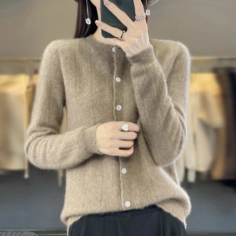 Autumn Winter Women 100% Merino Wool Sweater Lace O-neck Wheat Ear Pattern Hollow Out Cardigan Casual Knit Soft Bottoming Top