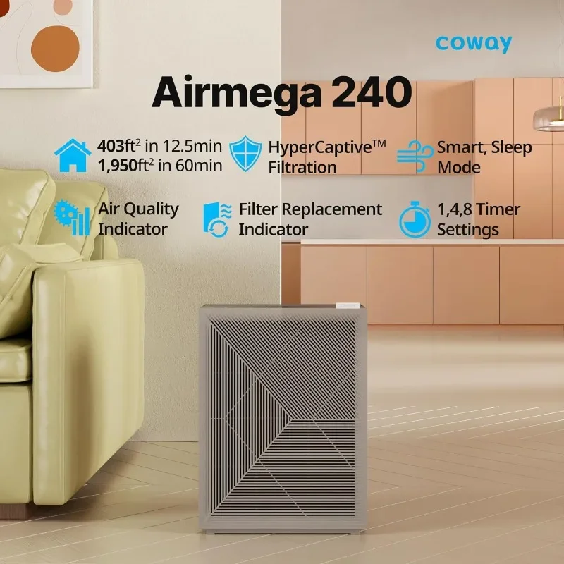 Coway Airmega 240 echte HEPA-luchtreiniger met luchtkwaliteitsbewaking, automatische en filterindicator, warm grijs