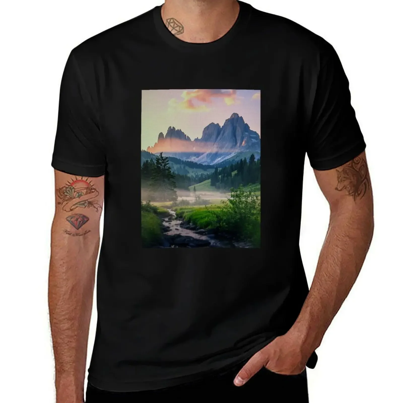 

A photograph of an Apocalyptic Mountain Landscape at Cloudy Morning T-Shirt custom shirt funny t shirts men
