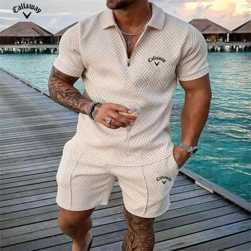 Summer men's embroidered high-quality zipper short sleeved shorts set, new fashionable and casual multifunctional beach set