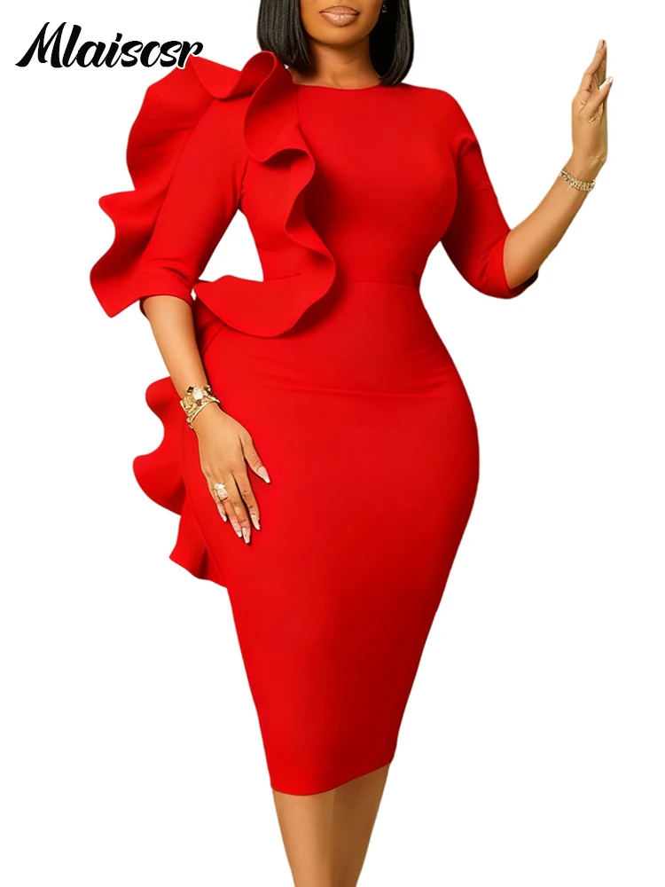 Mlaiscsr O-Ausschnitt, Rüschen, Schößchen, 3/4-Ärmel, Paket, Hüfte, mittleres Kleid, Damen, elegant, Anlass, Geburtstag, afrikanische Hochzeit, Urlaubskleider