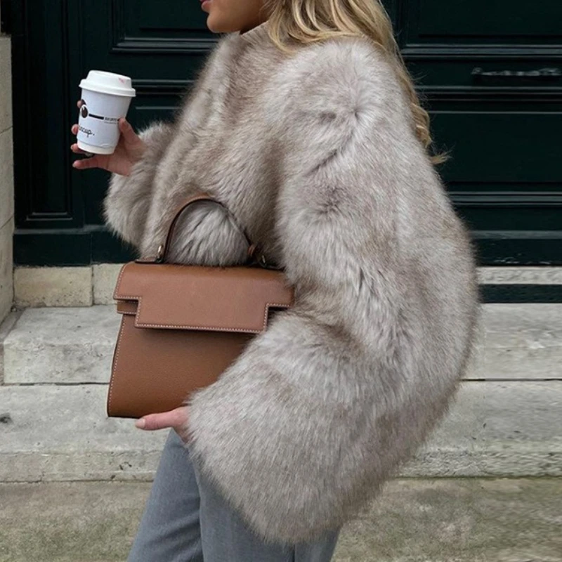 

Осенне-зимняя короткая куртка из искусственного меха с высокой талией для женщин, универсальный легкий роскошный стильный топ с круглым вырезом