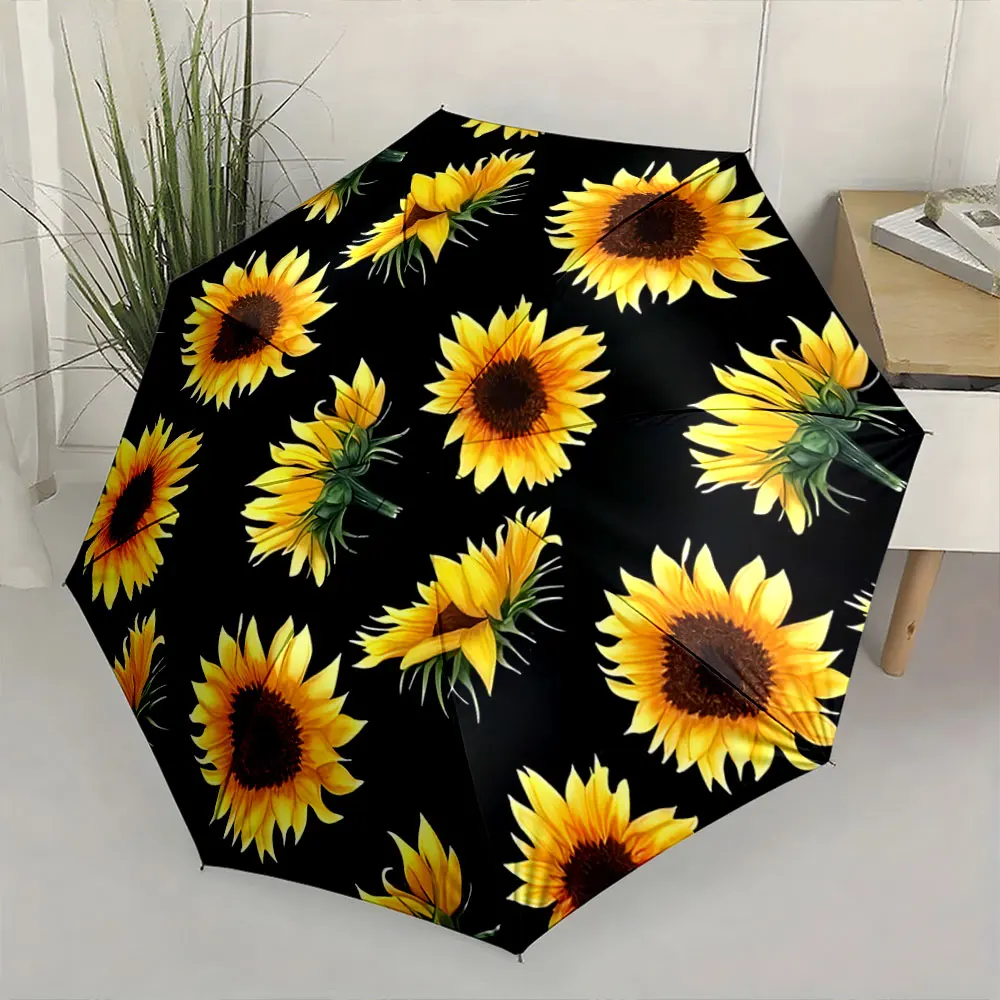 1PC Sunflower Pattern Black Umbrella for Stylish Rainy Days Print 8 Iron Ribs Folding Umbrella Auto-Open Fashion Sunshade