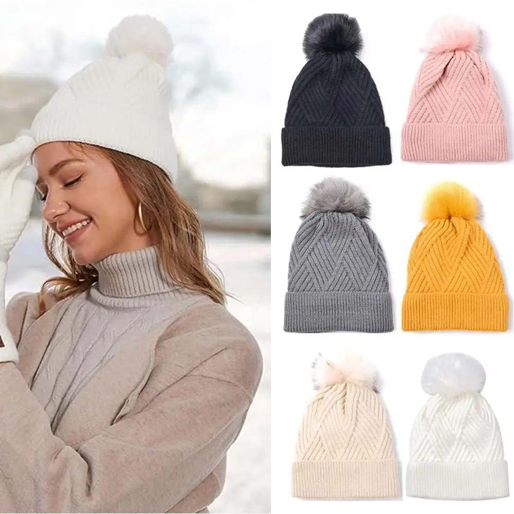 Fashion Elastic Beanie Hats Windproof Thickened Pompon Cap Winter Warm Ear Protection Hat for Woman