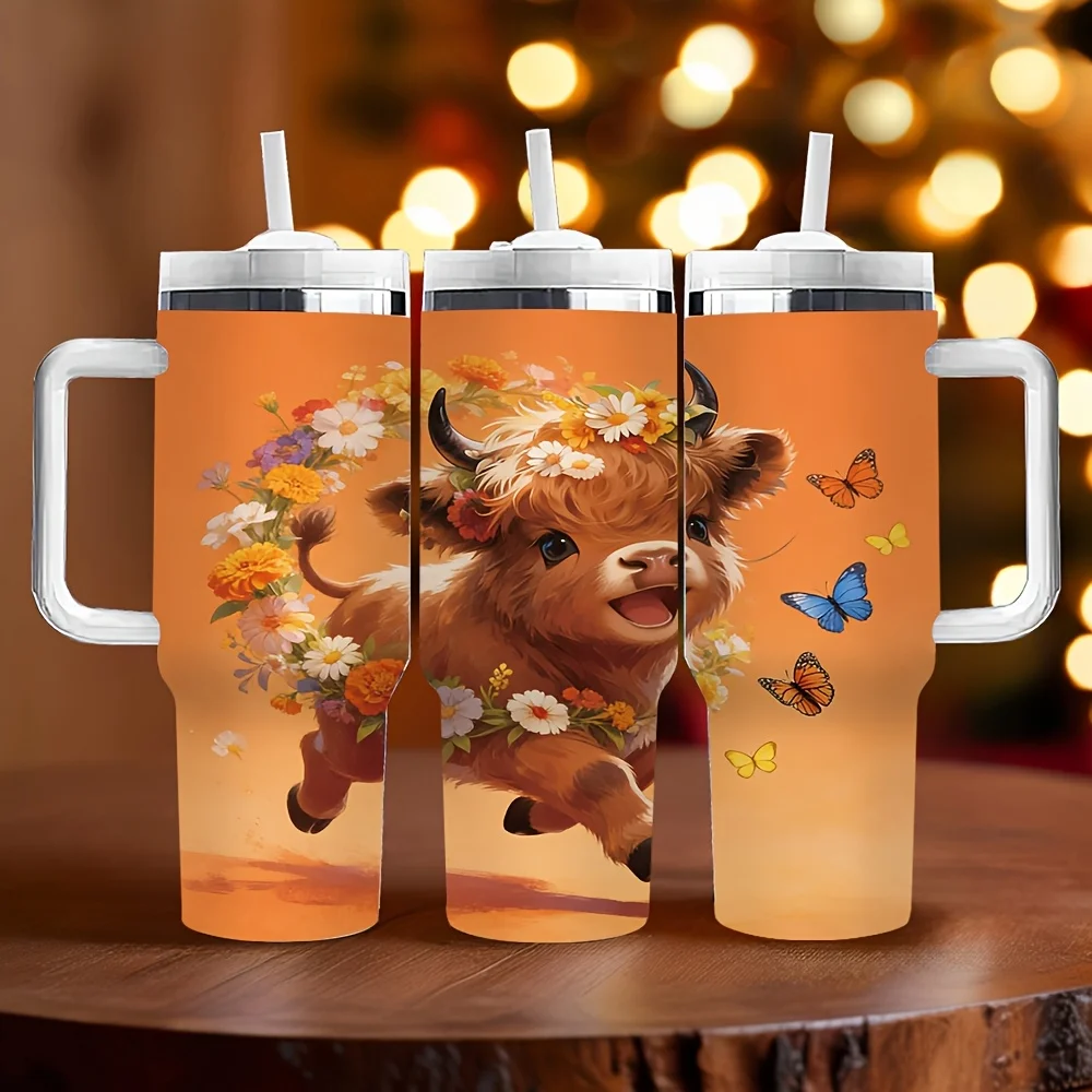 40Oz Insulated Tumbler with Handle, Cute Running Highland Cow with Flower And Butterfly Print, Keeps Temperature Long Time, Ideal Holiday And Birthday Gift for Daily And Outdoor Use