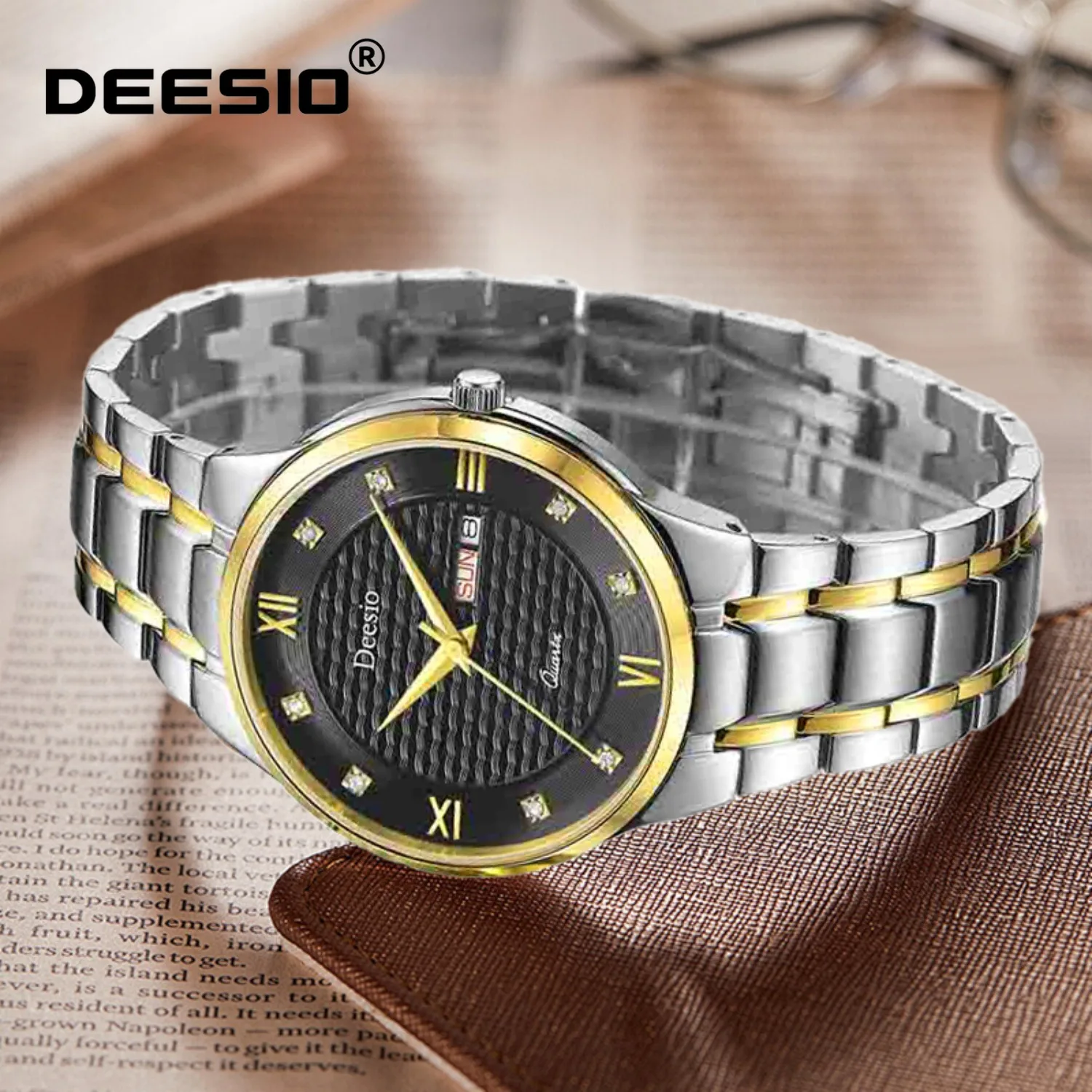 ساعة Deesio كاجوال عصرية للزوجين مصنوعة من مادة الفولاذ المقاوم للصدأ مقاومة للماء وعرض تقويم مزدوج هدايا للرجال والنساء