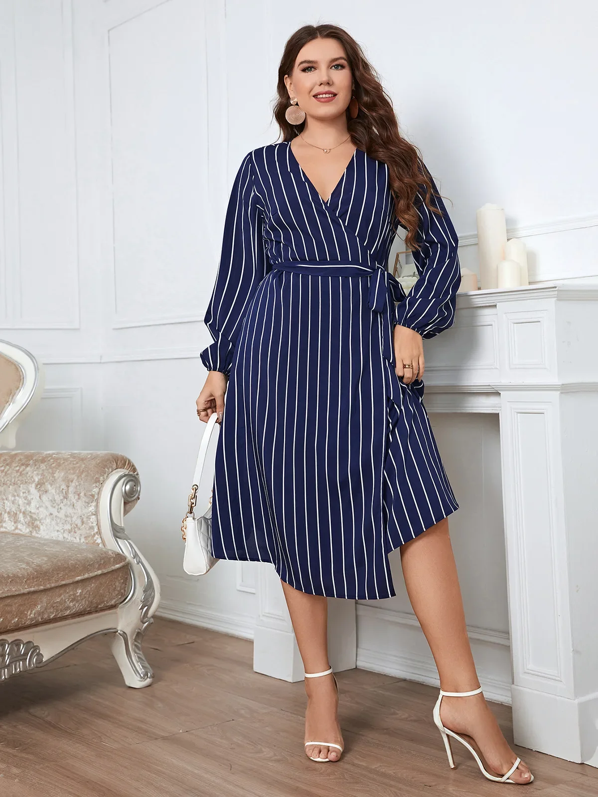 Plus Size Wrap V Neck Women Dress Long Bishop Sleeves Striped Print Robe Waist Belt A-line Dress Autumn Female Elegant Clothing