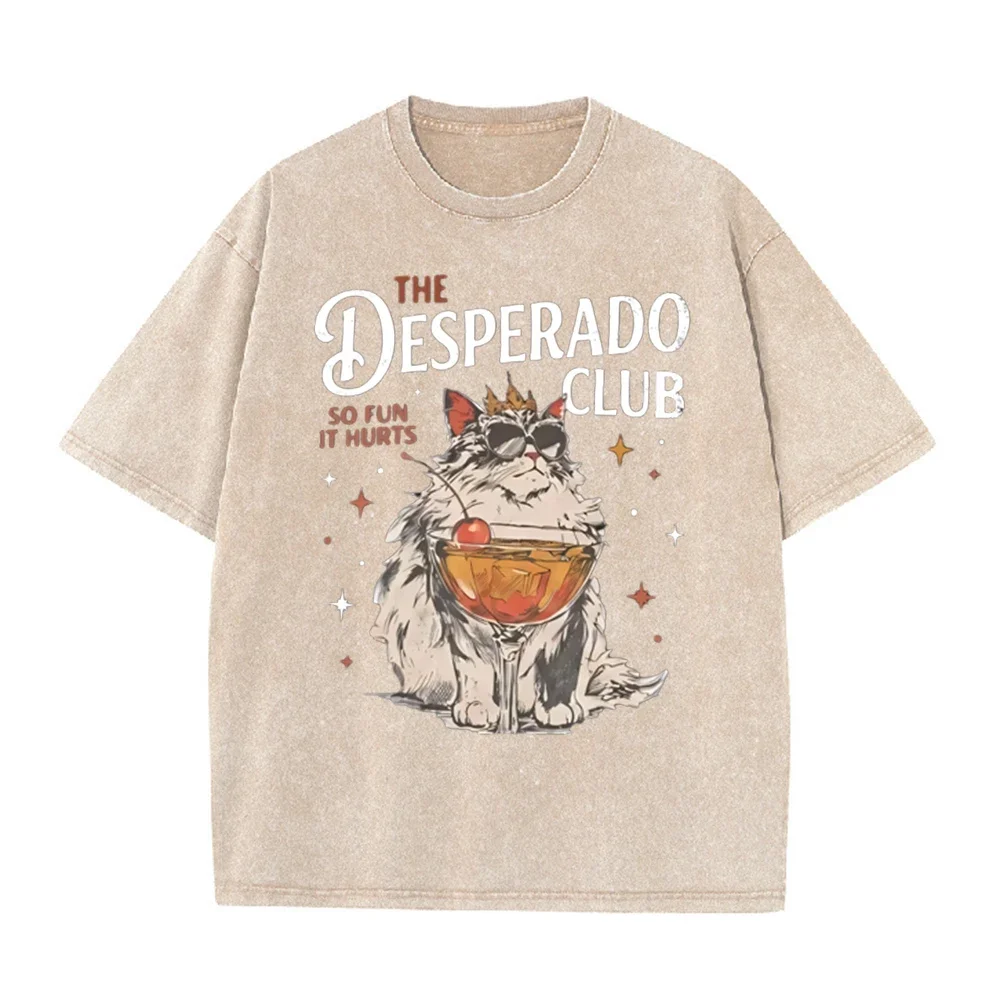 2026 Vintage Washed Beige T Shirt The Desperado Club Cat Cocktail Graphic Tee Unisex Casual Streetwear