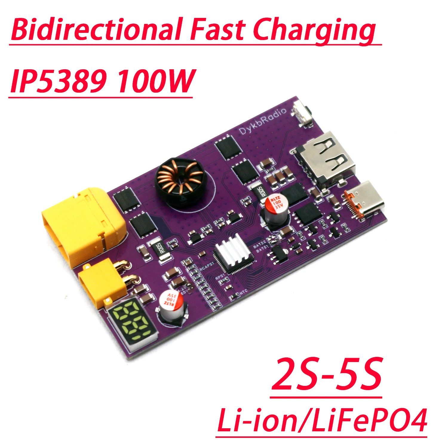 IP5389 100W 2S~5S Bidirectional Fast Charging Power Bank 3S 4S Li-ion/LiFePO4 Battery Charger/Discharger Type-C USB XT30 XT60