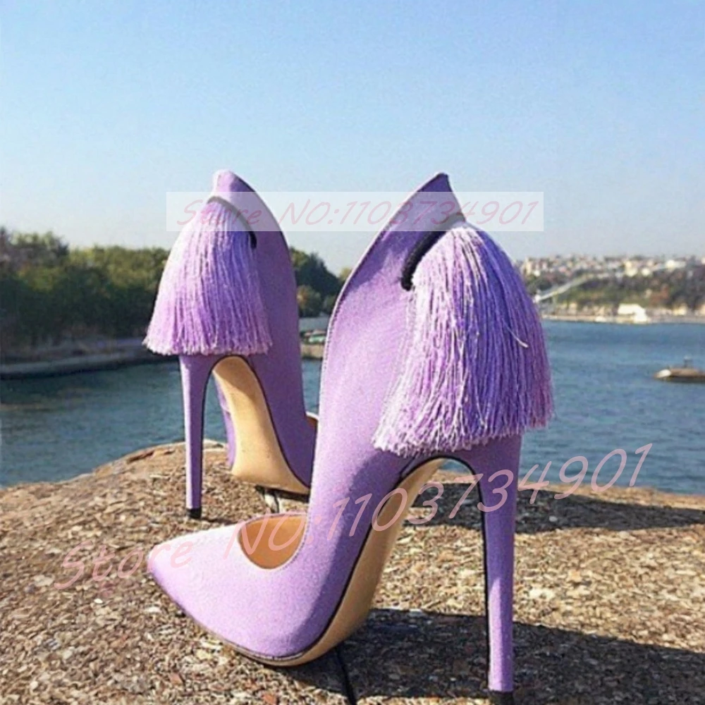 Fringed Suede Stiletto Pumps Women Elegant Purple Pointed Toe Slip-On High Heels Female Retro Fashion Pumps Big Size