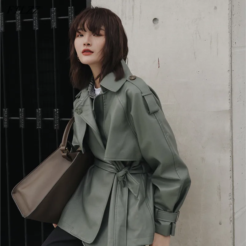 FTLZZ Spring Autumn 2022 Women New Casual Lapel Pu Jacket Coat Simplicity Loose Leather Jacket with Belt Office Lady