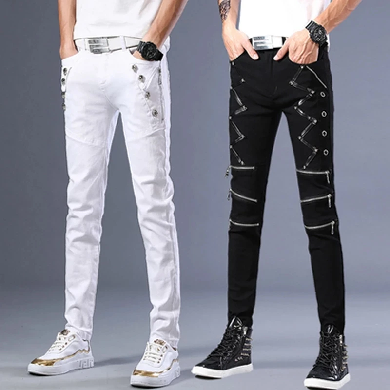 Pantalones vaqueros Punk negros para hombre, moda Coreana de lujo, pantalones pitillo de PU con cremallera de retales, ropa de calle de Hip Hop,